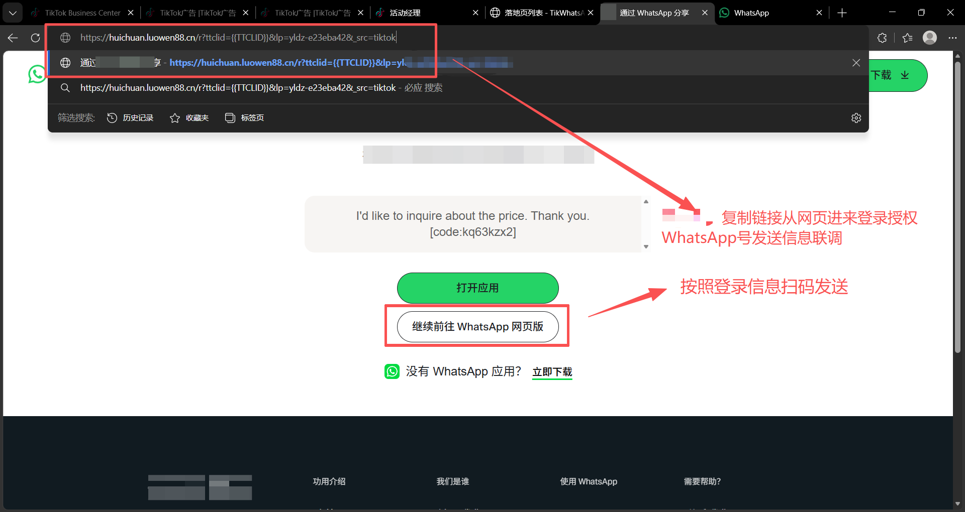 打开落地页测试WhatsApp跳转
